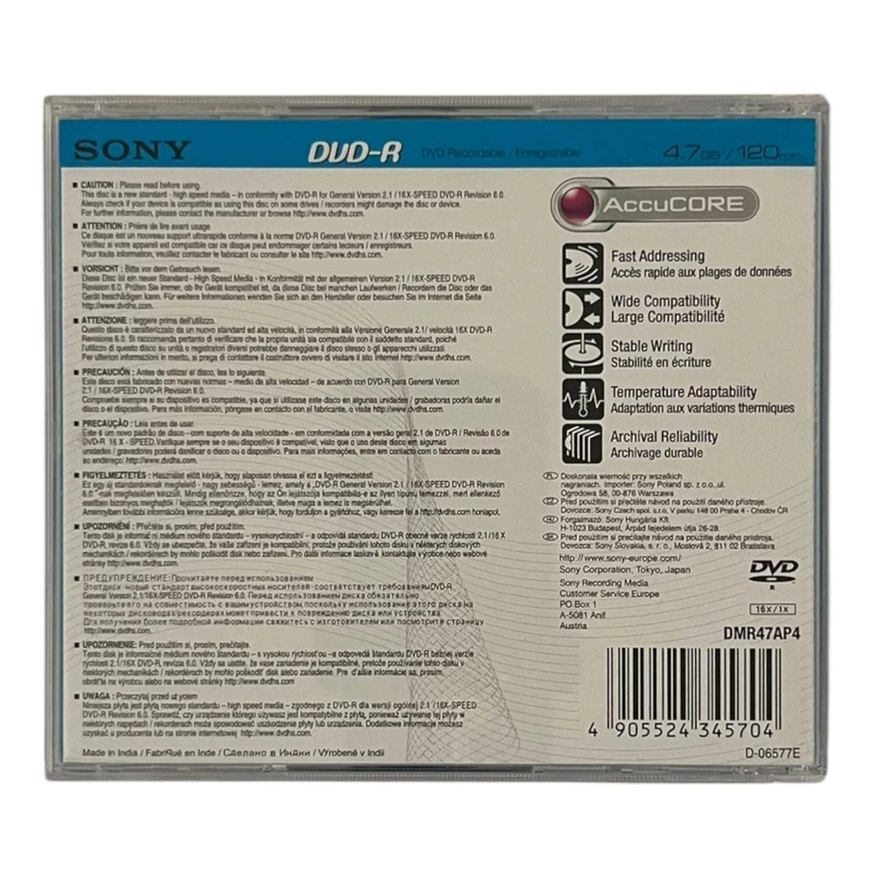 Sony DVD-R 4,7 GB 120min 1-16x Speed DVD-R Rohling 1 Stück Neu & unbenutzt - Bild 2 von 2