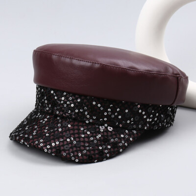 Lady Casual Faux Leather Flat Top Cap Retro Sequin Beret Black Mesh Painters Hat