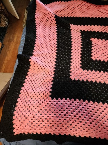 Vtg Handmade Black Pink Crochet Afghan Stripes Squares Blanket Throw 64”x 57” - Picture 2 of 4