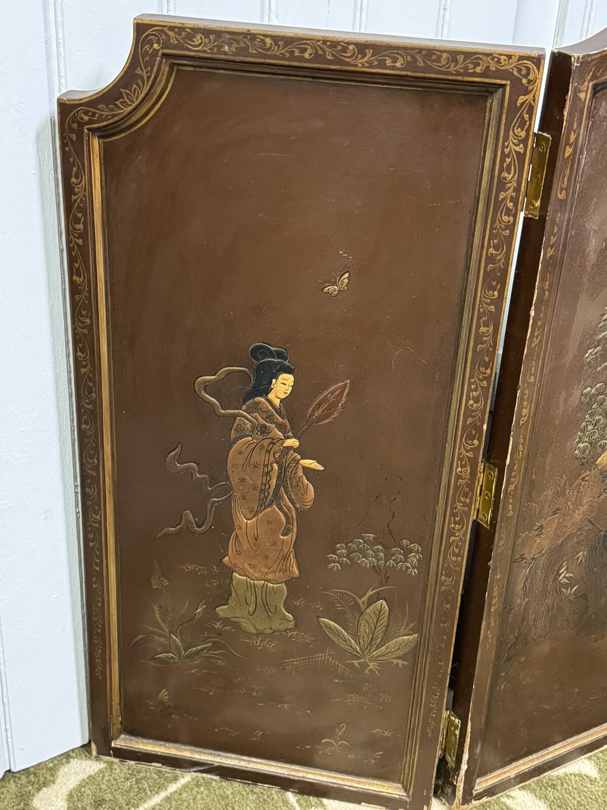 Vintage Chinese 3 Panel Screen Wall Art Inlaid Deities Village Scene Gold Accent