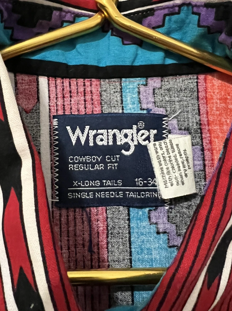 80s 90s Wrangler Cowboy Cut Navajo Aztec Tribal Western Rodeo L 16 X 34 Shirt