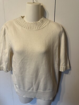 ANN T A Y L O R Factory Sweater Womens M Ivory Faux Pearl Accent Neck & Sleeves