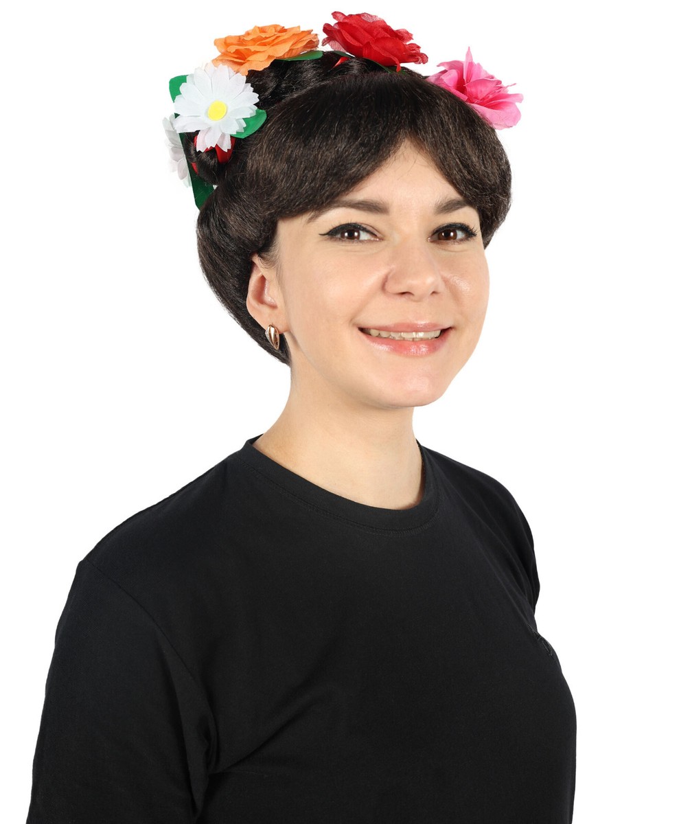 Adult Women Day of the Dead Frida Wig Floral Crown Black Braided