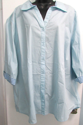 New Women's 3X Light Blue Button Collared 3/4 Sleeve Shirt By Liz & Me