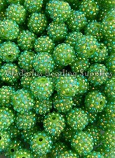10 Pcs 16mm Green, Rhinestone Acrylic Beads, Bubblegum Beads, Loose Bead