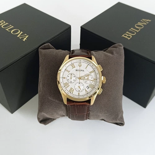 Bulova Classic Men Wilton White Dial Brown Leather 97B169 Chronograph Watch 46mm