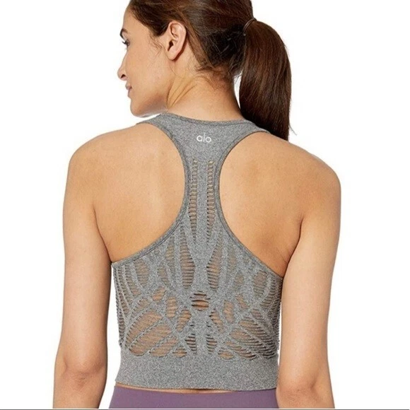 Alo Yoga Women's Vixen Fitted Crop Tank Racerback Grey Cutout Medium EUC