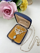 VINTAGE 925 SOLID STERLING SILVER OPAL LAVALIERE PENDANT 20" CHAIN NECKLACE