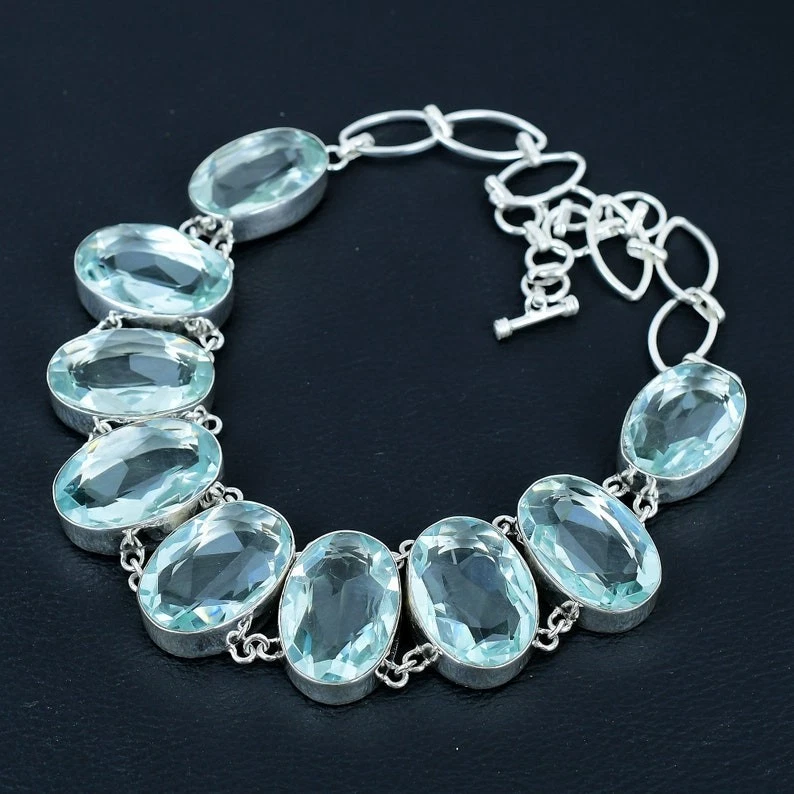 Aqua Aquamarine Gemstone 925 Sterling Silver Jewelry Necklace Size-17-18" - Image 3 of 4