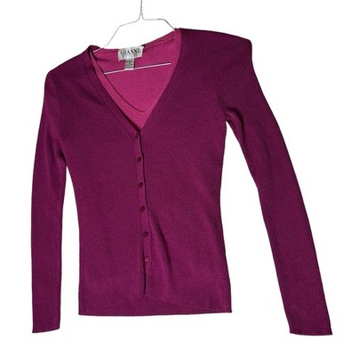 Vtg Gianni Petite Knit Twinset Cardigan & Shirt 2pc Sz S Pink Purple Silk Blend