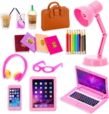 22 Pcs Miniature Pink Laptop Computer Tablet Miniatures Books Headset Glasses Mi