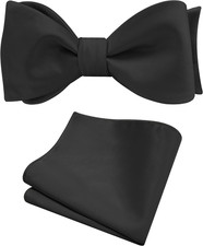 Mens Solid Color Bowties Self Tie Bow Tie Handkerchief for Men Satin Black