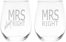 Mrs Rights Stemless Wine Glass Set Wedding, Anniversary, Couples, Women