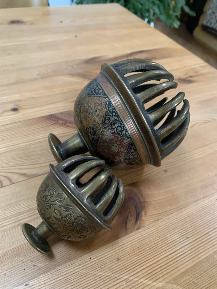 2 X Vintage Indian Brass elephant Claw Bells Etched With Flowers - Image 1 of 4
