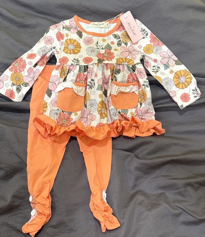 NWT! Marie Nicole Two Piece Outfit Floral Girls Orange Size XS (18-24M) 