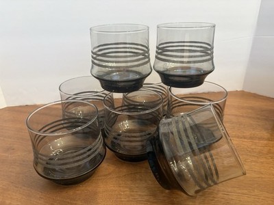 8 Vintage Libbey Impromptu Smoke Whiskey Glasses with Textured Silver/Grey Bands