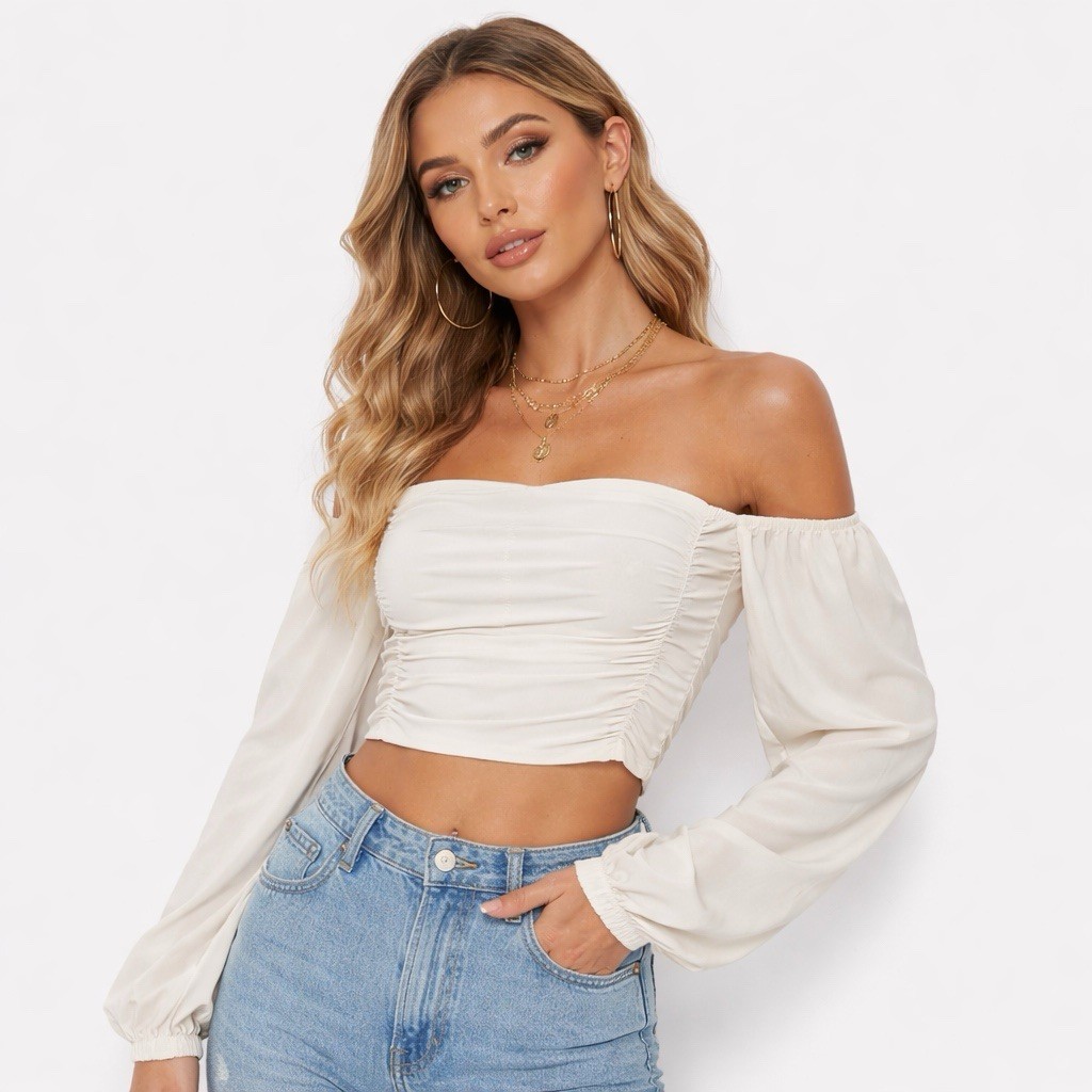 SHEIN Satin Puff Sleeve Crop Top XS White Off Shoulder Ruched Blouse Elegant