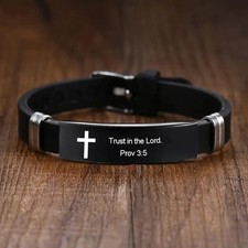 Christian Cross Bible Verse Bracelet Black Stainless Steel Inspirational Faith