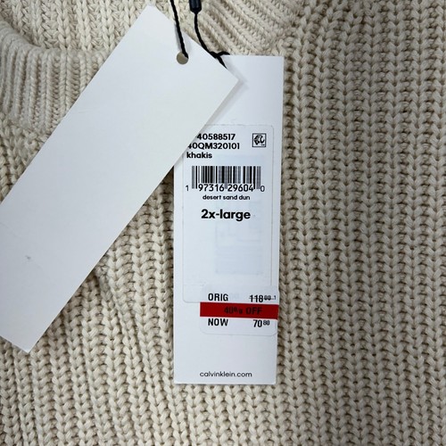 Calvin Klein Crewneck Sweater Mens 2XL White Desert Sand Chunky Pullover $118 - Picture 4 of 7