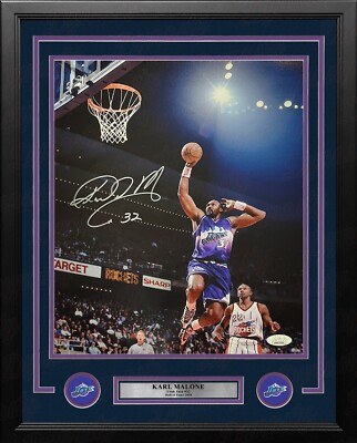 Karl Malone Dunking Action Utah Jazz Autographed 11x14 Framed Photo JSA COA 