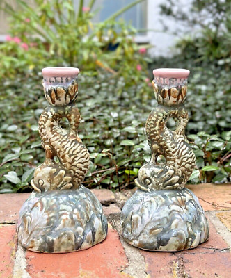 WELLER POTTERY PAIR OF SABRINIAN SEAHORSE CANDLESTICKS....SIGNED & MINT!