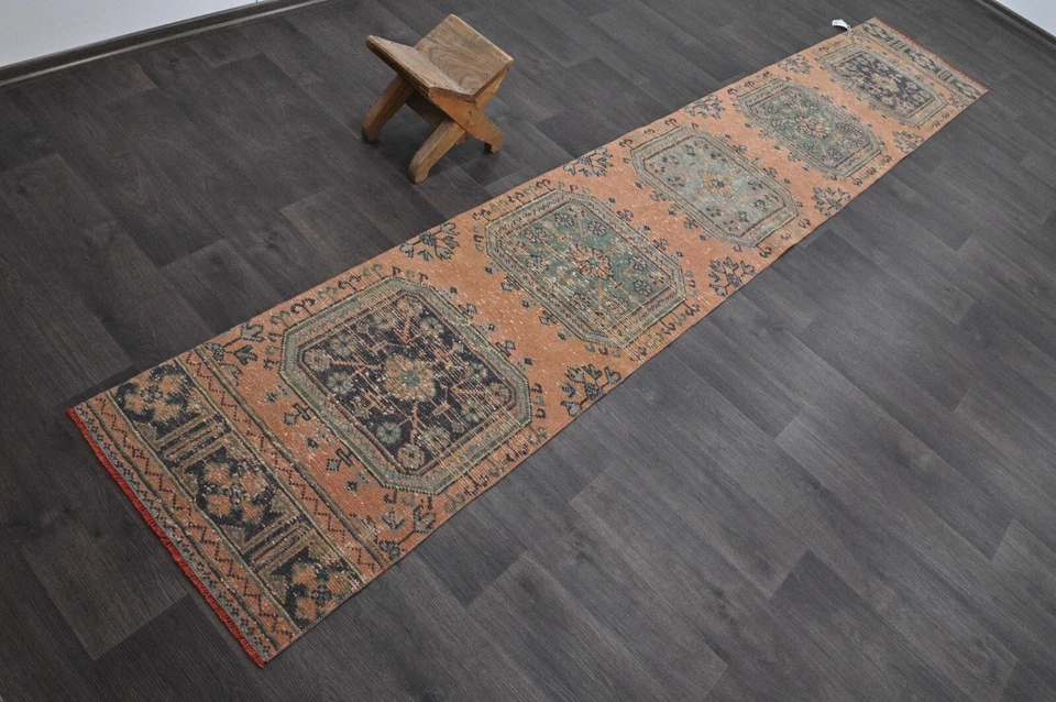 Alfombra de corredor turca vintage 2x12 pies lana anatolia hecha a mano pasillo Oushak NARANJA Foto 2 de 4