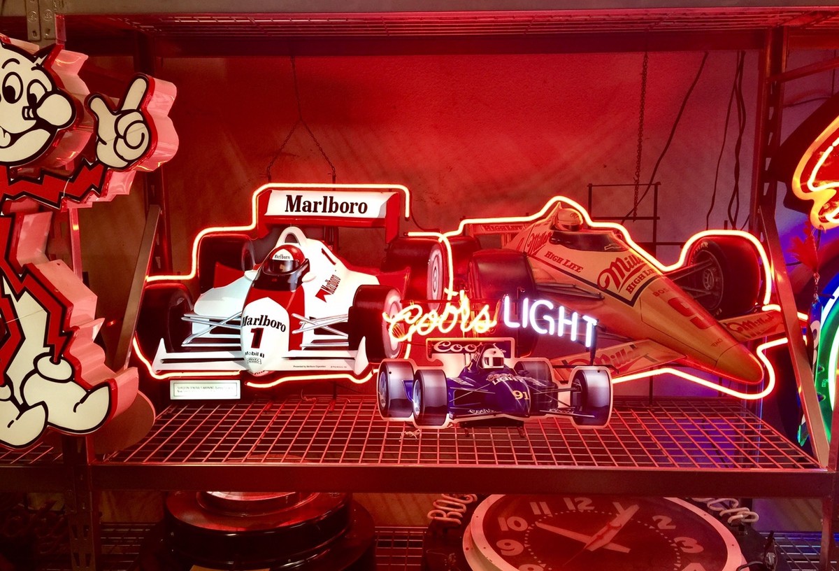 NEON SIGNS: MILLER HIGH LIFE + COORS LIGHT+ MARLBORO MOBIL INDY F1