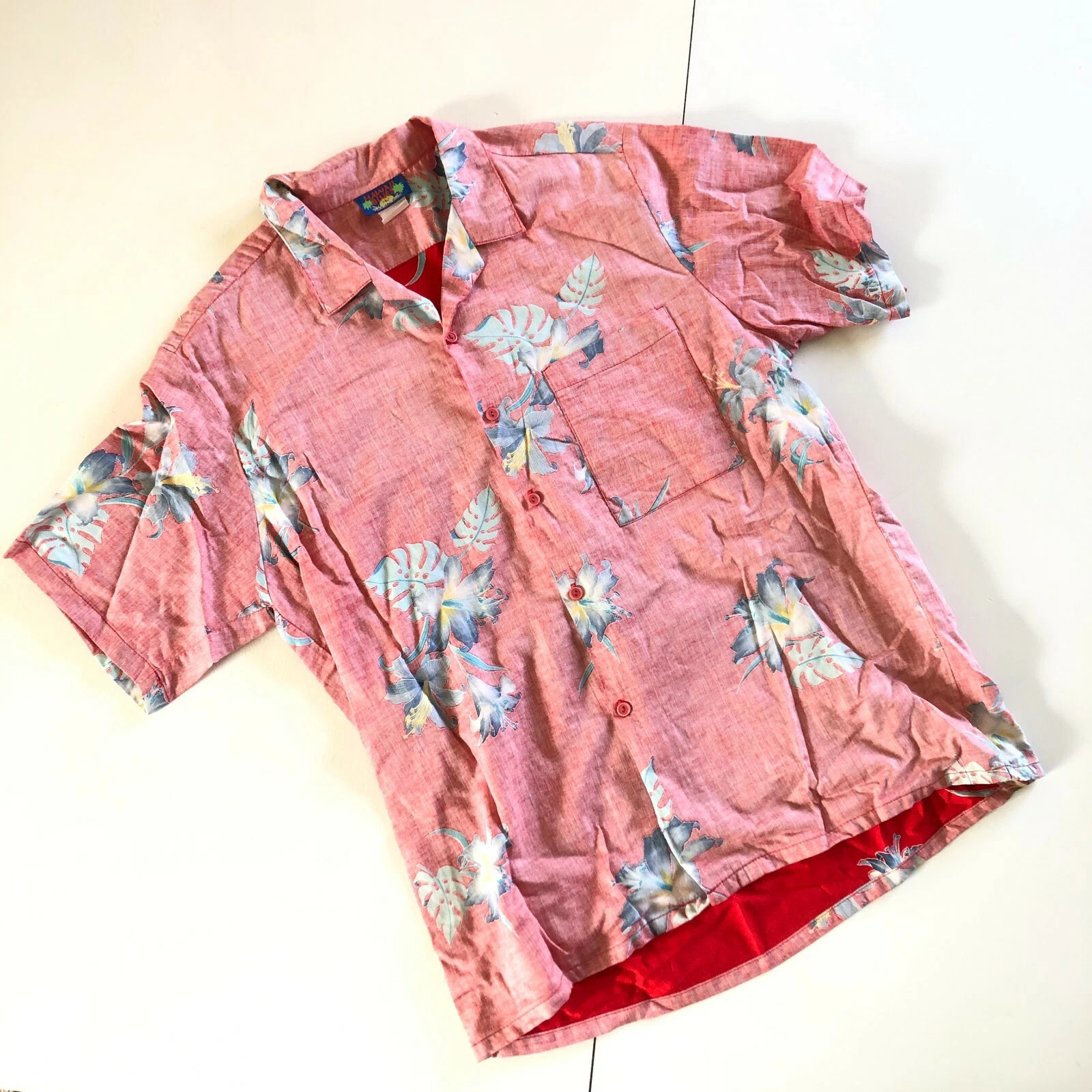 Hawaii Blues Mens Hawaiian Shirt Palm Leaves Floral Large Reverse Print Orange L