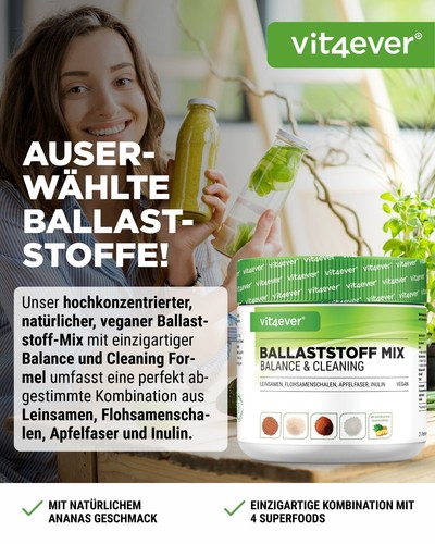 Ballaststoff-Mix - 400g Vegan - Flohsanenschalen Inulin Leinsamen Apfel-Fasern - Bild 2 von 8