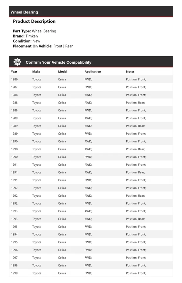 Para 1986-1999 Toyota Celica rolamento de roda Timken 1987 1988 1989 1990 1991 1992 - Imagem 2 de 4