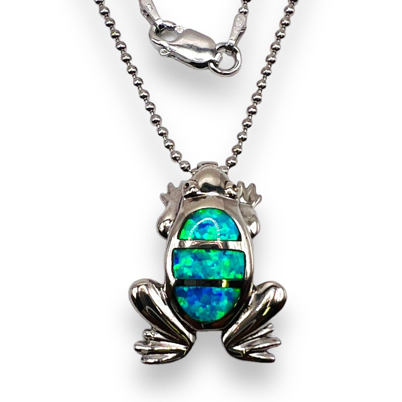 925 Solid Sterling Silver Blue Opal Frog Pendant … - image 1