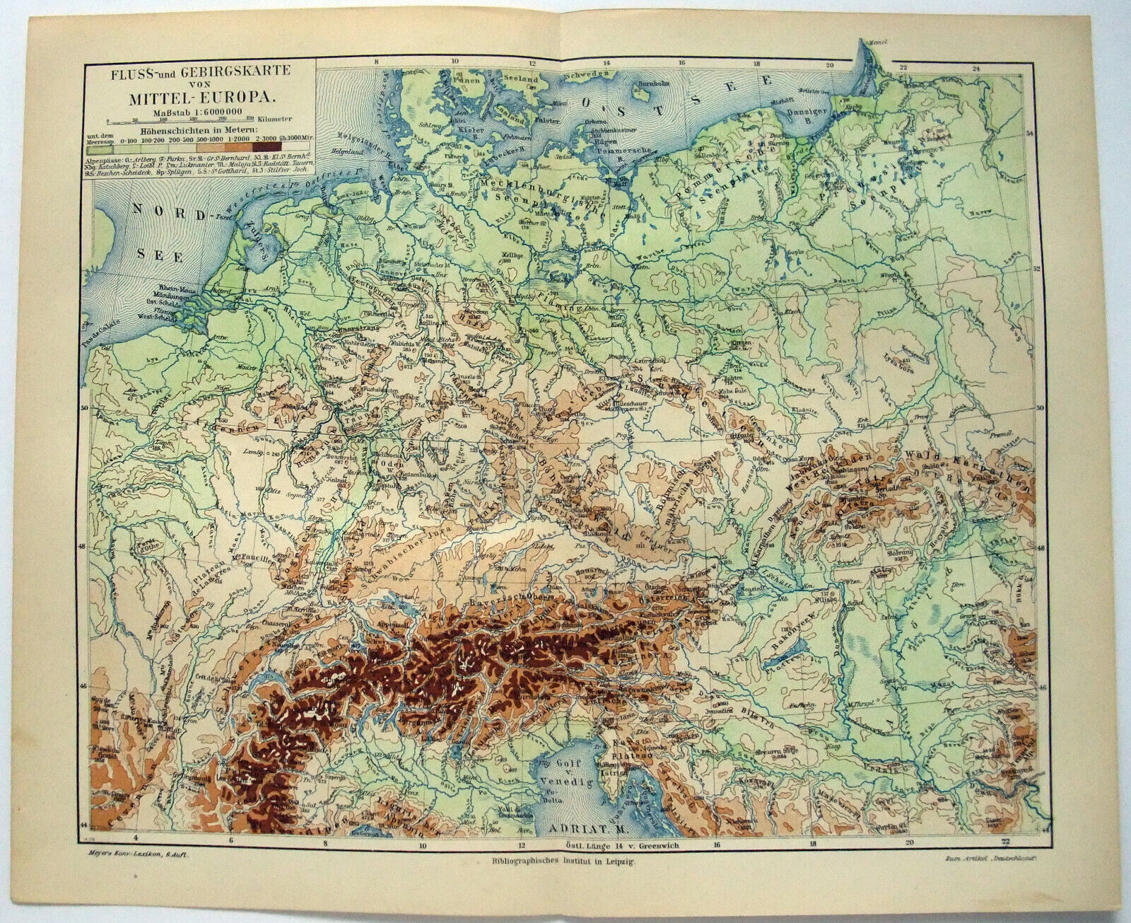 Original 1904 Physical Map of Middle Europe by Meyers