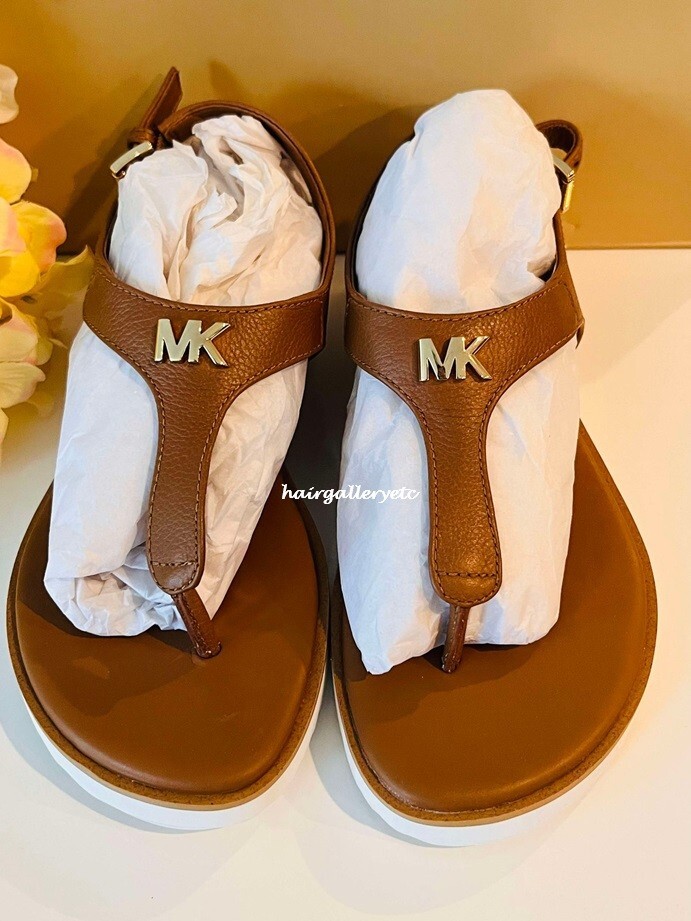 MICHAEL KORS Brady Thong Flat Slingback Sandals Acorn Leather Size
