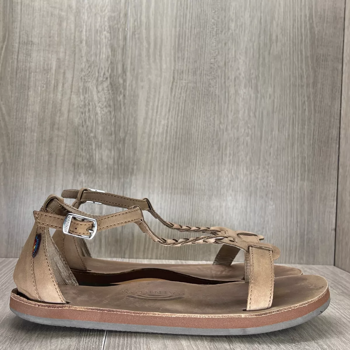 RAINBOW Sandals Women s Size 9 Calafia Open Toe Ankle Strap Flats Leather Brown