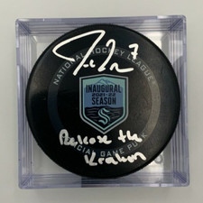 JORDAN EBERLE signed/autographed SEATTLE INAUGURAL Game Puck--RELEASE THE KRAKEN
