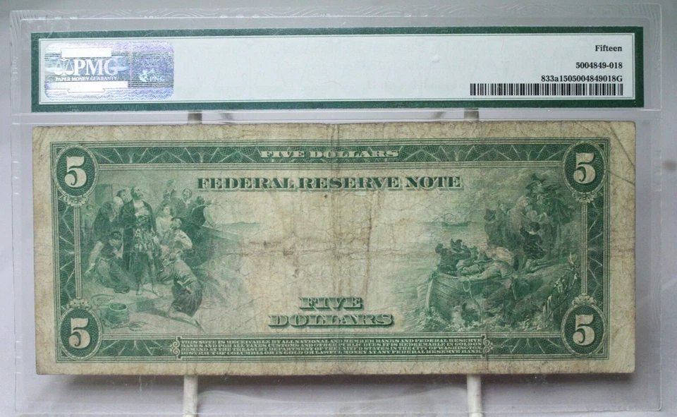 1914 $5 Federal Reserve Note New York Fr#833a PMG F15 No Comment #8300 - Image 2 of 2