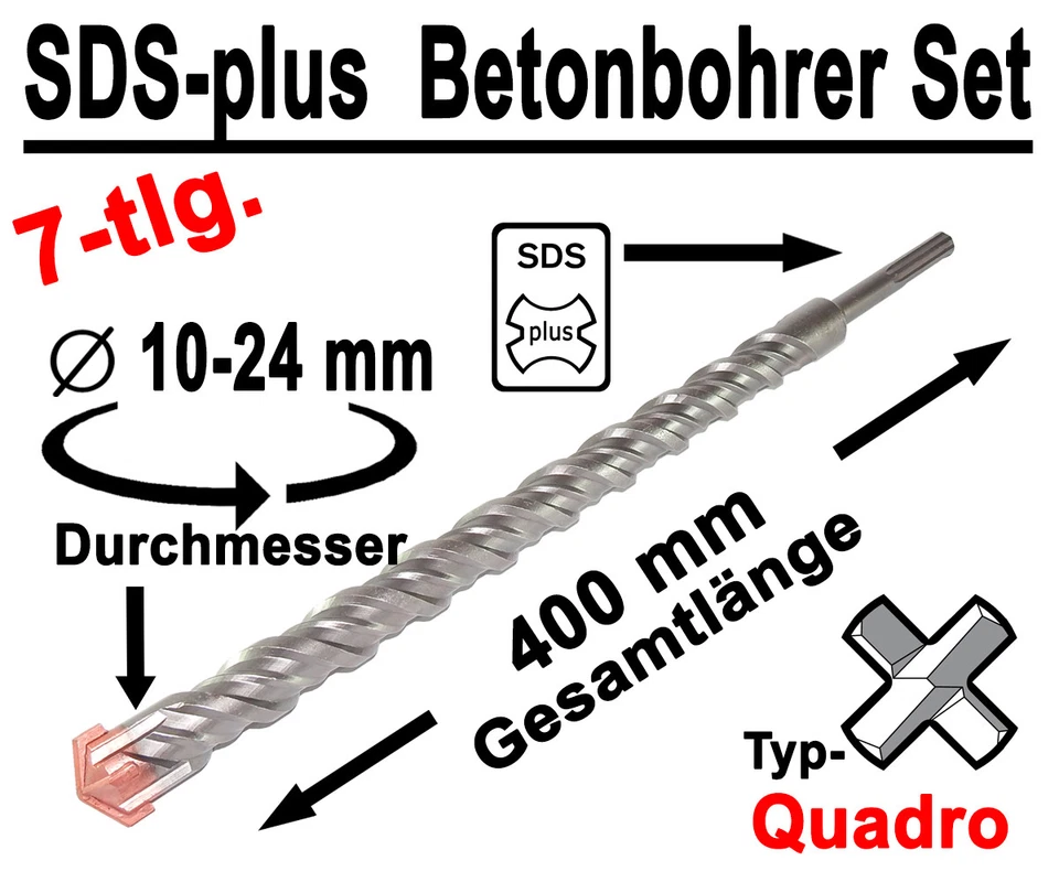 SDS-plus Betonbohrer Set 7-tlg Quadro Bohrer Hammerbohrer 10mm - 24mm x 400mm - Bild 3 von 4