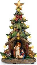VISFLAIR 12'' Christmas Tree Lighted Manger Nativity Scene, Musical Holy Family