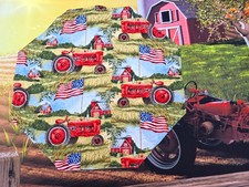 Handmade Quilted Table topper July 4th tractors farm patriotic barn flower flag