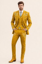 Men's Mustard Yellow 3-Piece Suit Floral Embroidered Western Wedding Prom Slim