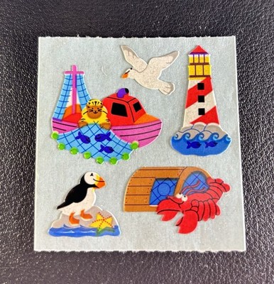 Vintage Sandylion Fishing Boat Lighthouse Puffin Lobster Blue Back Sticker Mod