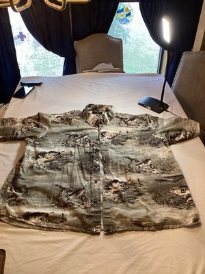  Red Head Short Sleeve Button Up Shirt Fishing Landscape Pattern