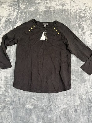 Grace Black Long Sleeve Top Gold Stud Accents 1X NWT Comfortable Rayon Blend