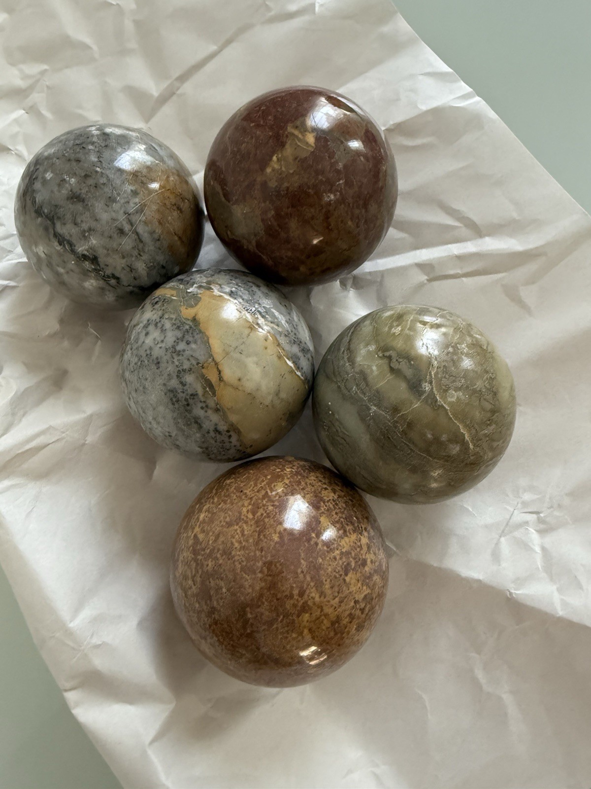 ✿ Set of 5 Polished Stone Spheres – Natural Onyx Marble – Earth Tone Decor