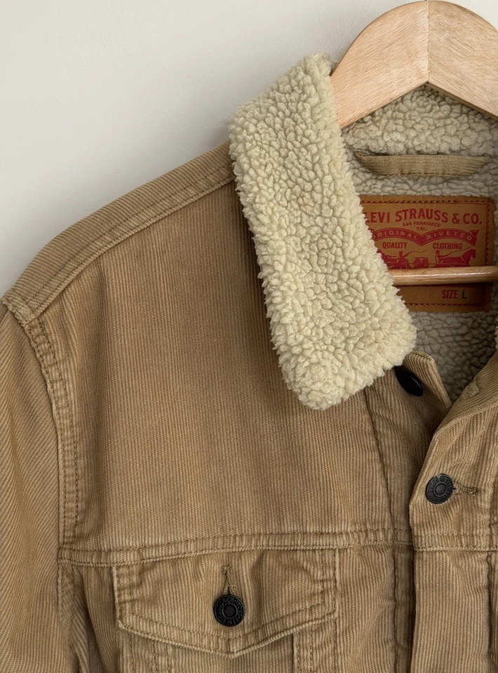 Levi's Sherpa Trucker Jacket Beige Corduroy Sherpa Lined Mens L, photo 4 of 5