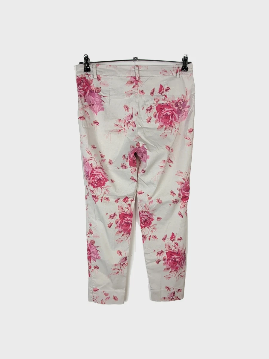 H&m Pantalones Mujer Talla W34 Cream with Pink Floral Algodón Vintage