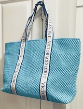 Victoria's Secret Bombshell Isle Crochet StrawTote Bag Aqua Blue White Straps