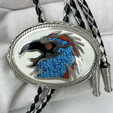 Stunning Vintage Thunderbird Silver Tone Turquoise Coral Inlay Western Bolo Tie