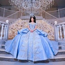 Sky Blue Ball Gown Quinceanera Dress Shiny Lace Applique Beading Tiered Sweet 16