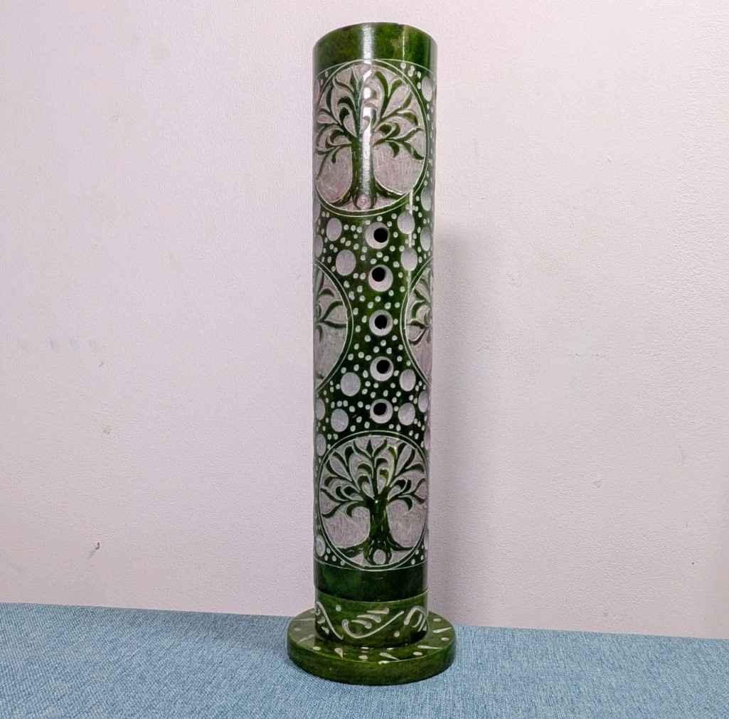 Incense Cone Joss Stick Holder Hand carved Soapstone Green Tree Of Life Tower